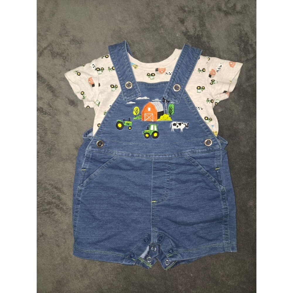 Infant Blue Denim-Style Farm Overalls with Tractor Embroidery